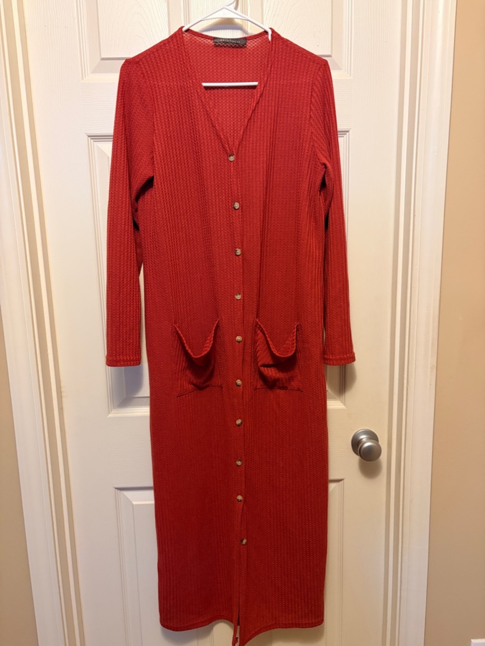 Long Red Button-Front Maxi Dress with Patch Pockets